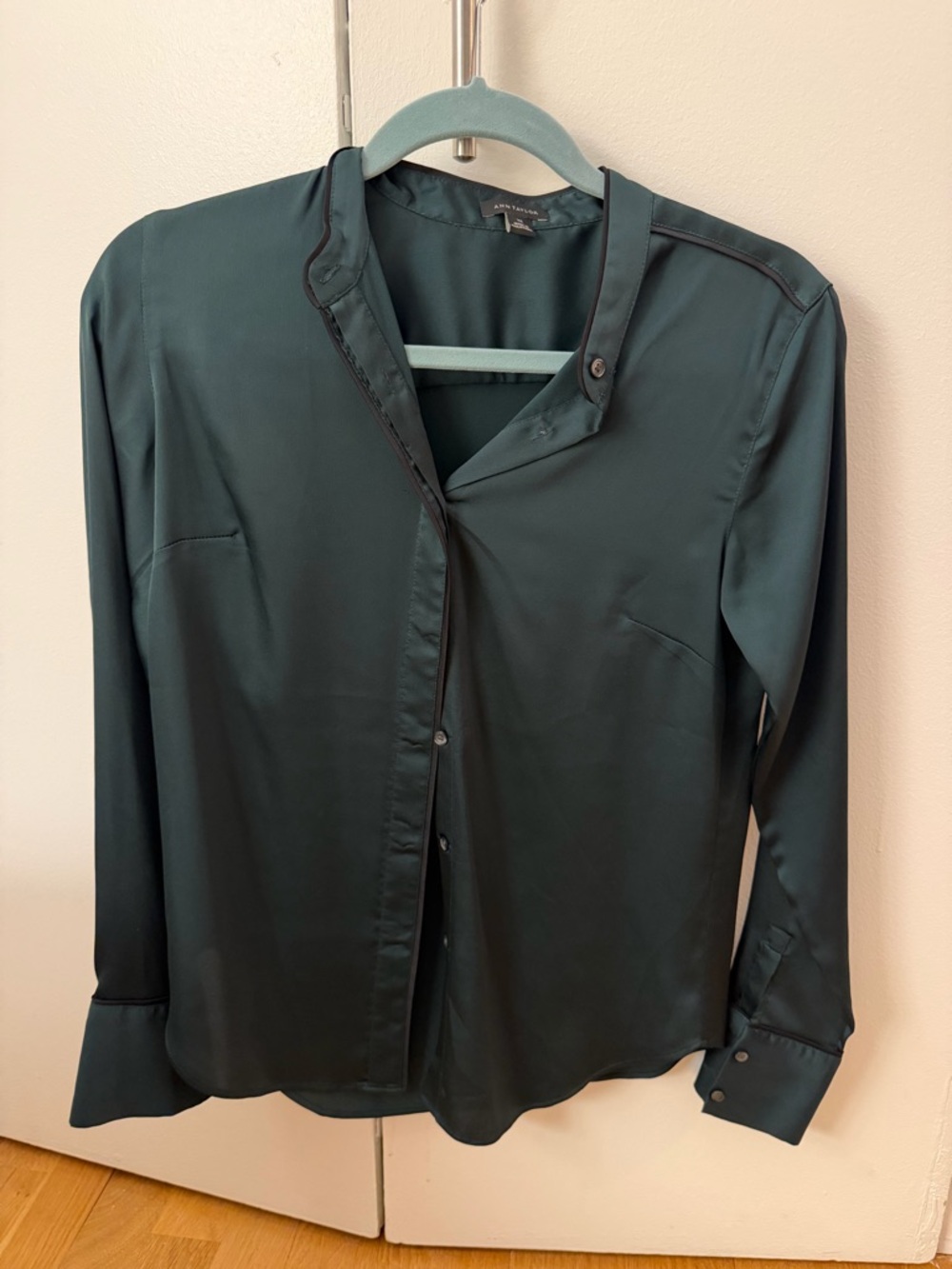Ann Taylor Black Satin Button-Up Blouse